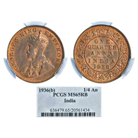 George V, copper ¼ anna, 1936, Bombay mint, dot, PR 683; GK 1196. Graded as MS65 RB by PCG