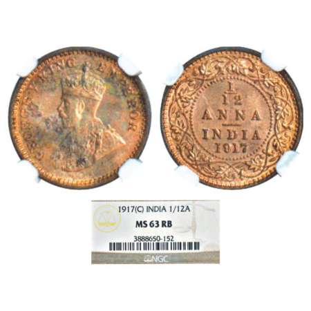 George V, copper 1/12 anna, 1917, Calcutta mint, no dot, PR 832; GK 1228. Graded as MS63 R