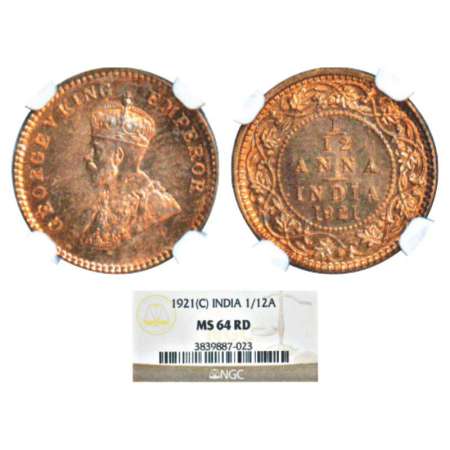 George V, copper 1/12 anna, 1921, Calcutta mint, no dot, PR 836; GK 1232. Graded as MS64 R