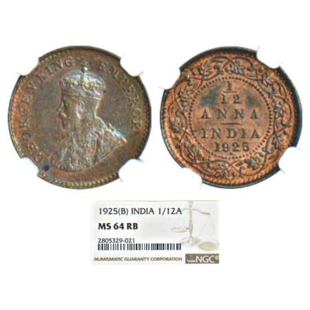 George V, copper 1/12 anna, 1925, Bombay mint, dot, PR 853; GK 1237. Graded as MS64 RB by 