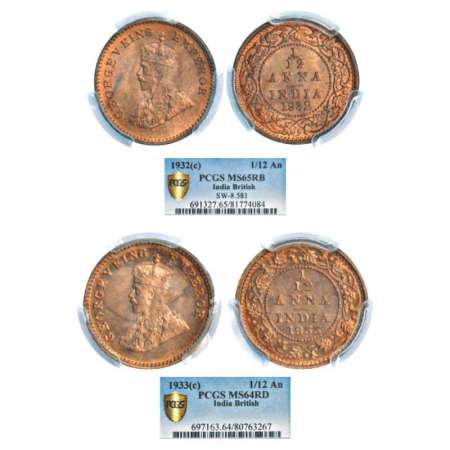 George V, copper 1/12 anna (2), Calcutta mint, 1932, PR 846; GK 1248, Graded as MS65 RB by