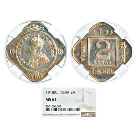 George V, cupro-nickel, 2 annas, 1918, Calcutta mint, no dot, PR 880; GK 1118. Graded as M