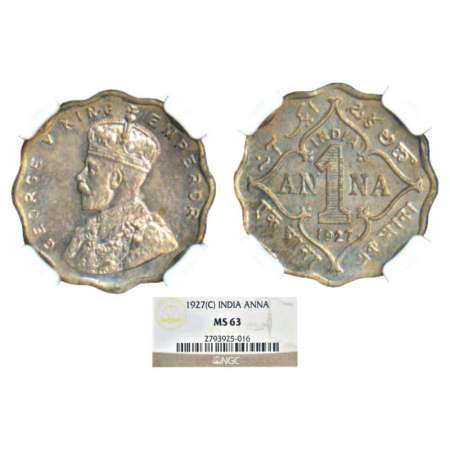 George V, cupro-nickel, 1 anna, 1927, Calcutta mint, no dot, PR 933; GK 1159. Graded as MS