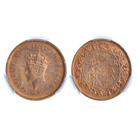 George VI, copper ¼ anna, 1939, Calcutta mint, no dot, Head type I, PR 685; GK 1423. Grade
