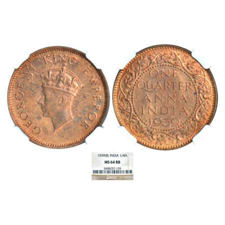 George VI, copper ¼ anna, 1939, Bombay mint, dot, Head type I, PR 690; GK 1422. Graded as 
