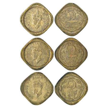 George VI, 2 annas (3), 1940, 1941 and 1947, Calcutta mint, OMS struck in Nickel Brass. (3