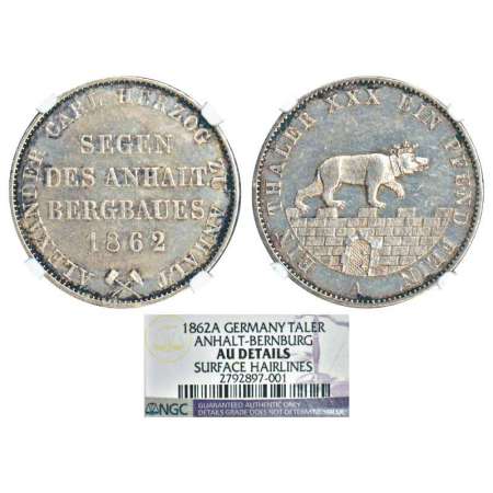 German State, Anhal Bernburg, silver thaler, 1862, 'A' mint mark. Obv: Legend surrounds in