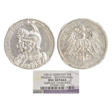 German State-Prussia, Wilhelm I, silver 5 mark, 1901, 'A' mint mark. Sub: 200 years- kingd