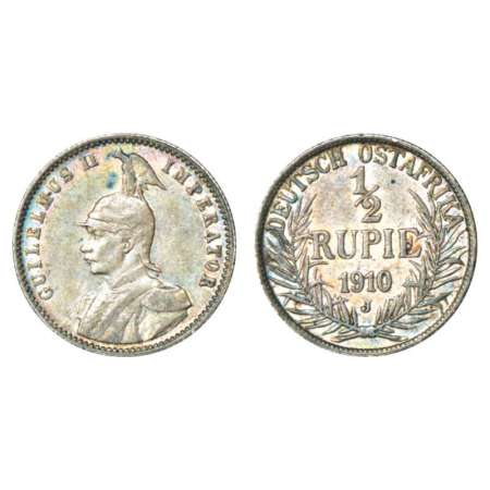 German East Africa, Wilhelm II (1888-1918 AD), silver ½ rupie, AD 1910, 'J' mint mark, KM 