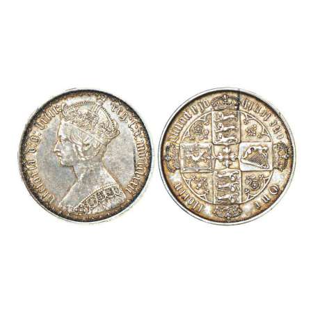 Great Britain, silver florin (two shilling), 11.27g. Obv: Gothic bust of Victoria. Rev: Cr