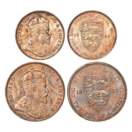 Jersey, British Dependency, bronze 1/24 shilling and 1/12 shilling, AD 1909. Obv: Portrait