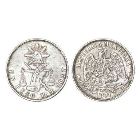 Mexico, silver pesos, AD 1871, Mexico City mint, 'Mo M' mint mark, 26.91g. Obv: Radiant ca