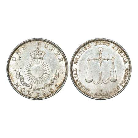 Mombasa, British colony, silver rupee, 11.67g. 1888, 'H' mint mark. Obv: Crown above radia