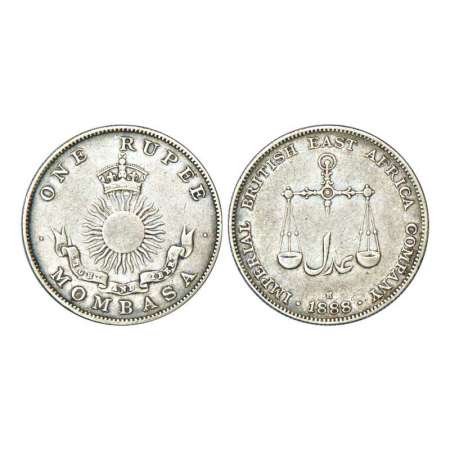 Mombasa, British colony, silver rupee, 11.51g. 1888, 'H' mint mark. Obv: Crown above radia