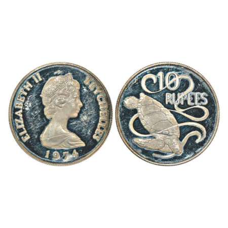 Seychelles, proof silver 10 rupees, AD 1974, 28.58g. Obv: portrait bust of Elizabeth II. R