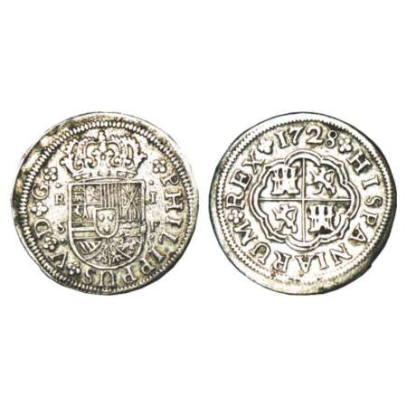 Spain, Philip V (1700-1746 AD), silver real, AD 1728, 'SP' mint mark, Seville mint, 2.26g.