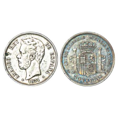 Spain, Amadeo I (1871-1873 AD), silver 5 pesetas, AD 1871, 'SD.M' mint mark, 24.81g. Obv: 