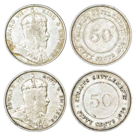 Straits Settlements, silver 50 cents (2), AD 1902 and 1905. Obv: Portrait bust of Edward V