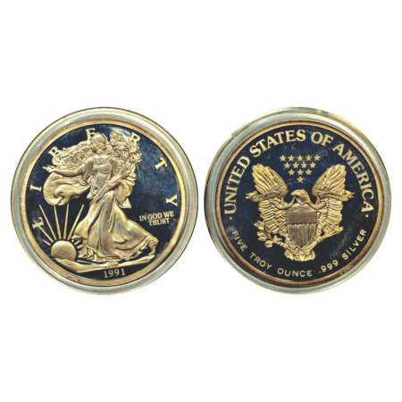 United States of America, silver 5 troy ounces, 999 silver, AD 1991, walking liberty type.