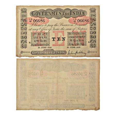 Government of India, George V, Uniface, 10 rupees, 3rd issue, Red underprint, Initial 'R' 