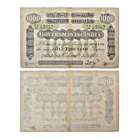 Government of India, Edward VII, Uniface, 1000 rupees, 2nd issue, Green underprint, Calcut