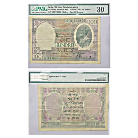 George V, 100 rupees, Madras (Large Green) circle, ND (1928), signed by H. Denning, serial