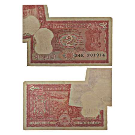 2 rupees, misprint, signed by Manmohan Singh, without inset, serial no.: 34R 701914. Flip 