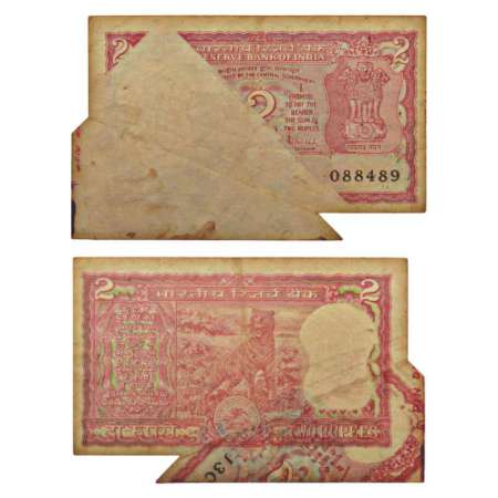 2 rupees, misprint, signed by R. N. Malhotra, inset 'A', serial no.: 13C 088489. Huge flip