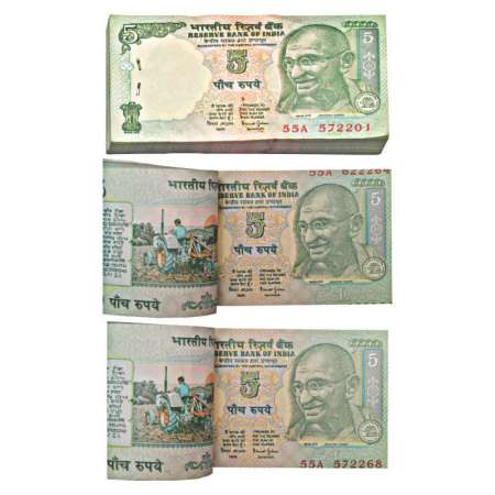 5 rupees, misprint, full packet of 100 notes, signed by Bimal Jalan, inset 'L', serial no.