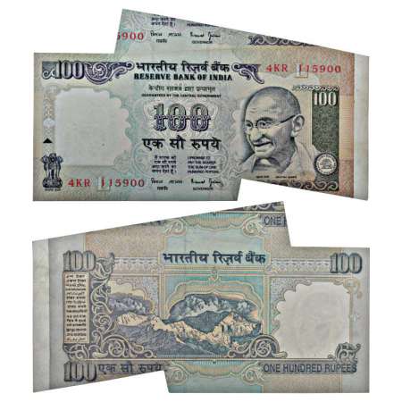 100 rupees, misprint, signed by Bimal Jalan, inset 'L', serial no.: 4KR 115900. Misaligned