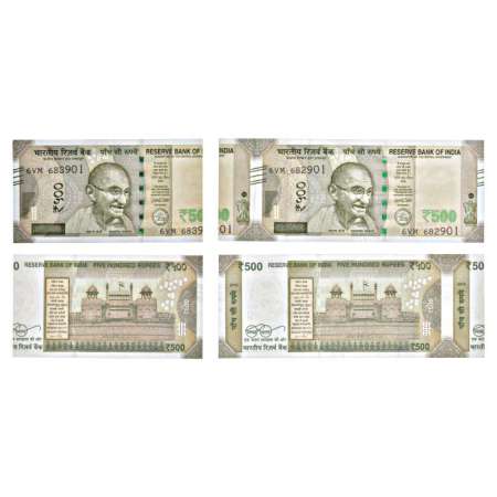 500 rupees, misprint note (2), 2017, signed by Urjit. R. Patel, inset 'A', serial no.: 6VM