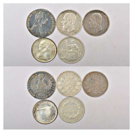 A group of 5 silver coins, 1x Austria thaler, AD 1780, 2x Belgium, 5 francs, AD 1849, 1869