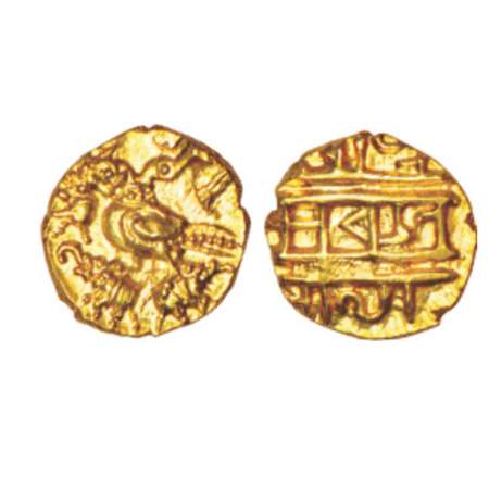 Vijayanagar, Tuluva dynasty, Achutharaya (1529-1542 AD), gold ½ pagoda, 1.69g. Obv: Gandab
