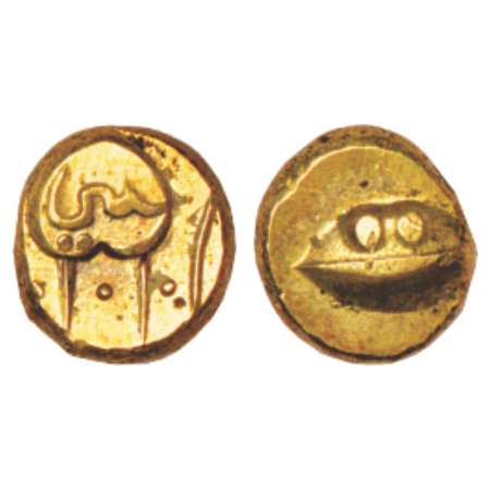Sultans of Bijapur, Anonymous, Hudki gold pagoda, 3.34g. Obv: A boat like uncertain symbol