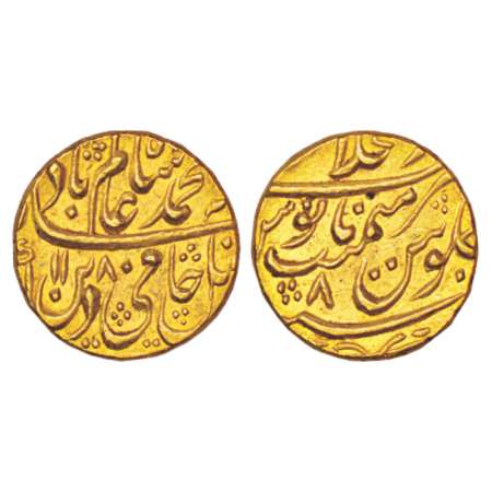Shah Alam II (1759-1806 AD), gold mohur, 10.84g, Shahjahanabad mint, 'Hamidin' type, AH 11