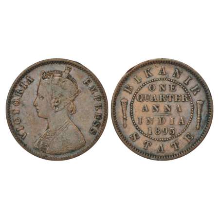 Bikanir, Ganga Singh (1887-1942 AD), copper ¼ anna, AD 1895, 6.28g. Obv: Portrait bust of 
