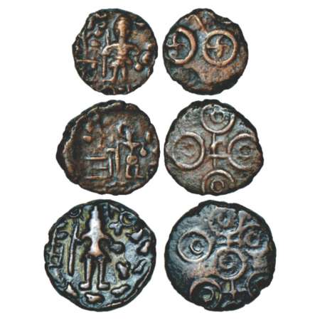 Ancient Malwa, 'Ujjayini' region uninscribed die-struck coinage (200-100 BC), three copper