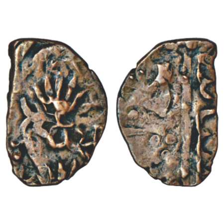 Lunawada, Wakhat Singh (1867-1929 AD), copper ½ paisa, 3.64g. Open hand symbol type, over 