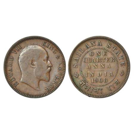 Sailana, Jaswant Singh (1890-1919 AD), copper ¼ anna, AD 1908. Obv: Portrait bust of Edwar