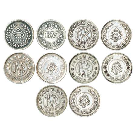 Travancore, silver fanam (5), 1x Rama Varma IV, ND (1864), 4x Rama Varma VI, ME 1087, ND (