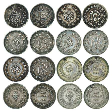 Travancore, silver fanam (8), 1x Rama Varma IV, ND (1864), 4x Rama Varma VI, ME 1087, ND (