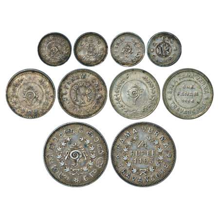 Travancore, silver coins (5), 2x 2chuckrams, CHS2 and 2CHS, 2x fanam, ND & ME 1116 and 1x 