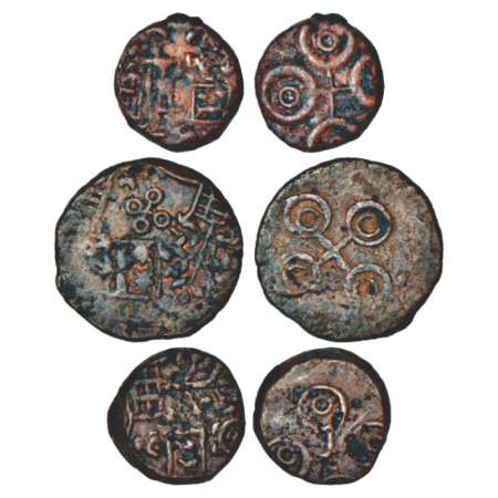 Ancient Malwa, 'Ujjayini' region uninscribed die-struck coinage (200-100 BC), three copper