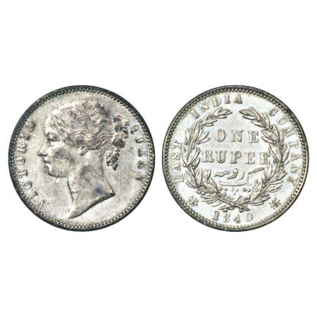 Victoria Queen, silver rupee, 1840, divided legend, Madras mint, WWB raised, dot after B, 