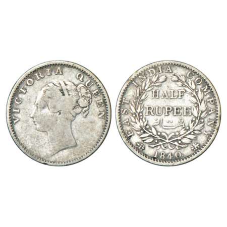Victoria Queen, silver ½ rupee, 1840, continuous legend, Calcutta mint, Indian Head, 19 Be