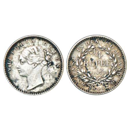 Victoria Queen, silver ¼ rupee, 1840, continuous legend, Calcutta mint, English head, 20 b