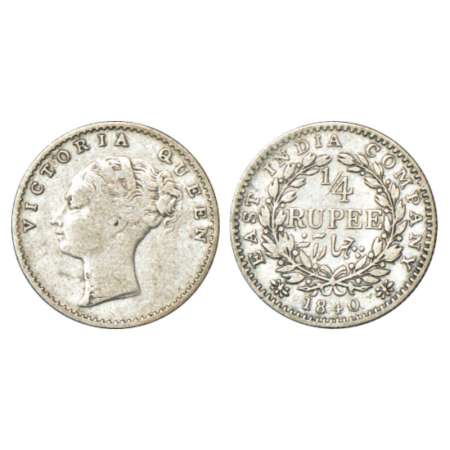 Victoria Queen, silver ¼ rupee, 1840, continuous legend, Calcutta mint, Mule, Indian head,
