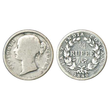 Victoria Queen, silver ¼ rupee, 1840, divided Legend, Calcutta mint, Mule, WW raised, wrea
