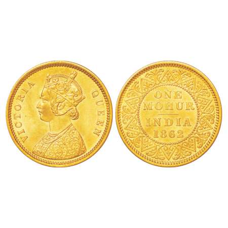 Victoria Queen, gold mohur, 11.62g, Calcutta mint, 1862, single flower in bottom panel of 
