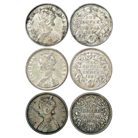 Victoria Queen, silver rupee (3), 1862, Bombay mint, B/II, rev. crude style; scroll like f